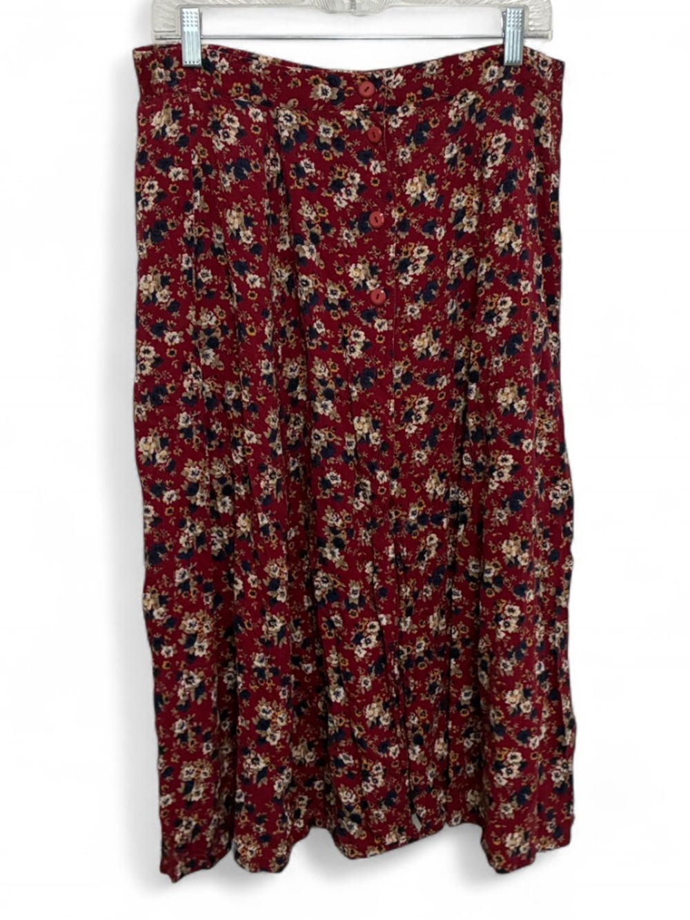 Vintage Boho Floral Red Button Midi Skirt